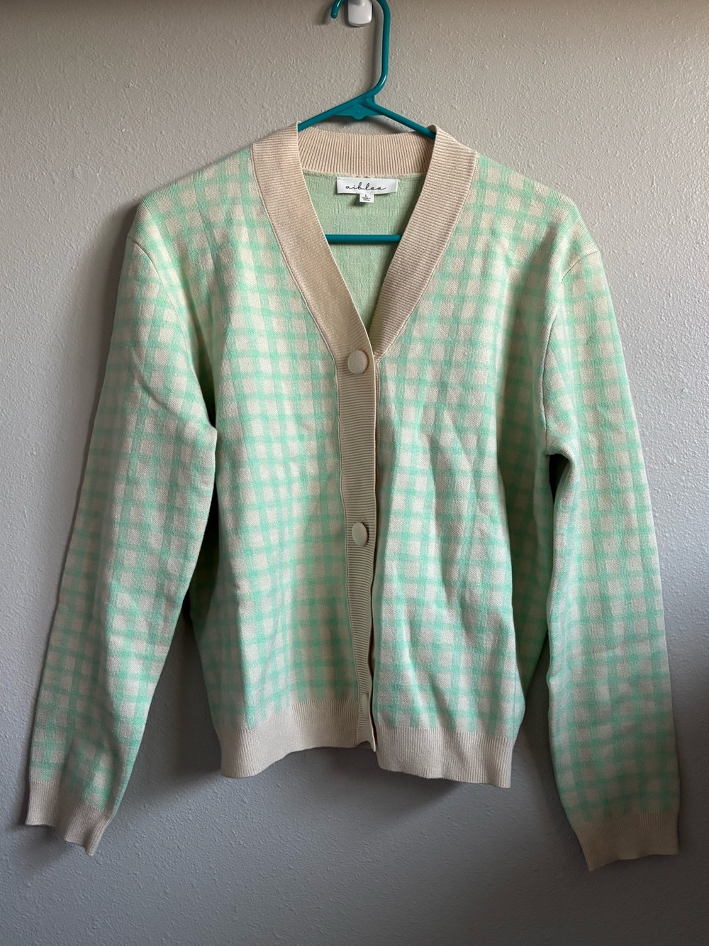 Aiblee Plaid Cardigan Long Sleeve Cream Mint Green Large Fall Preppy Sweater